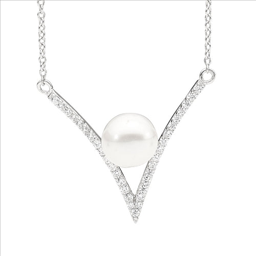 Ellani CZ V necklace with freshwater pearl in sterling silver with cable chain - 45cm