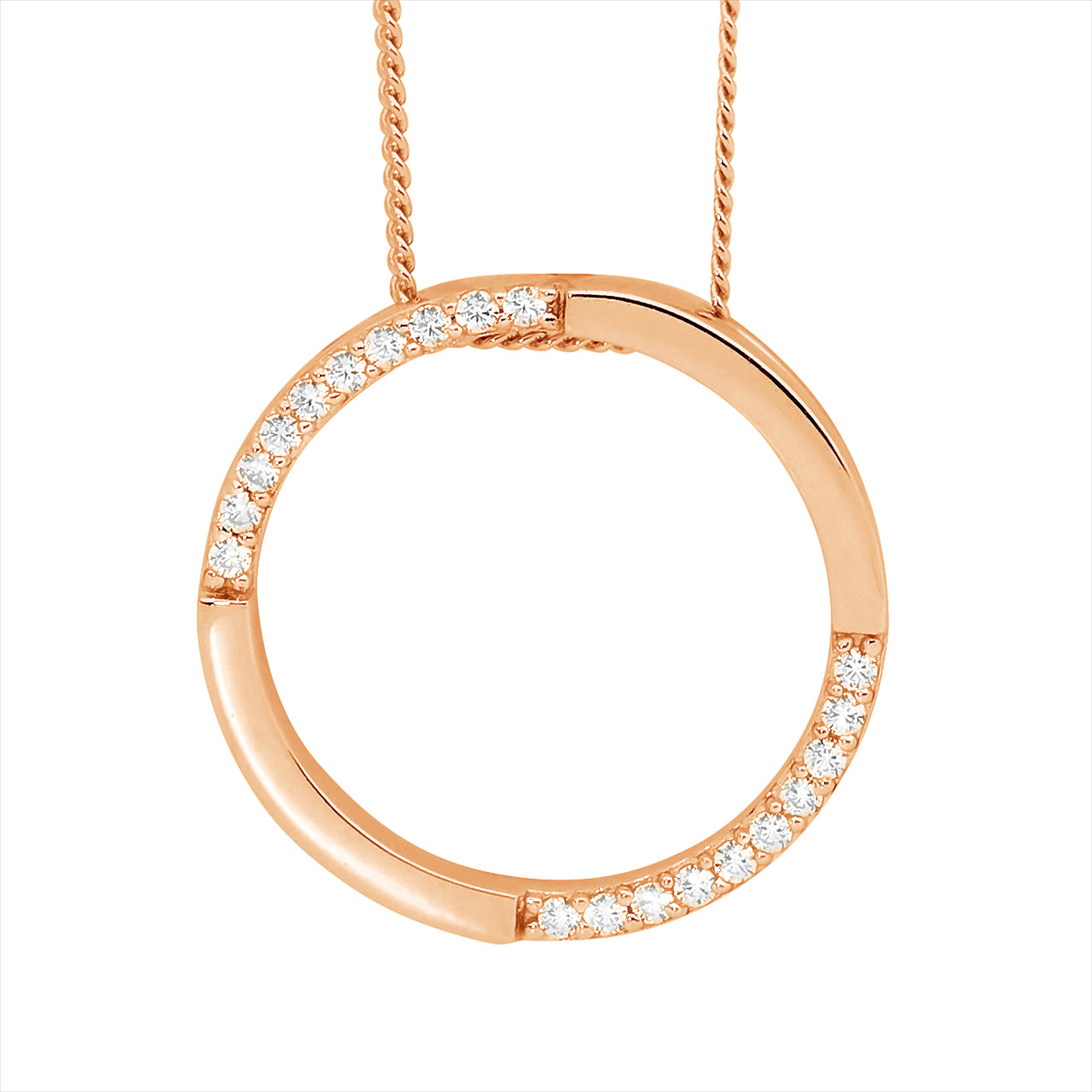 CZ open circle necklace in rose gold plated sterling silver with curb chain - 45cm