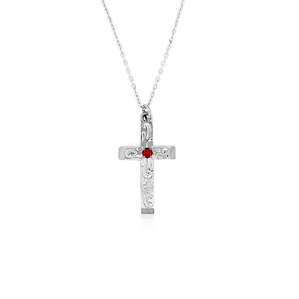 Engraved garnet set cross pendant in sterling silver on 45cm diamond cut cable chain