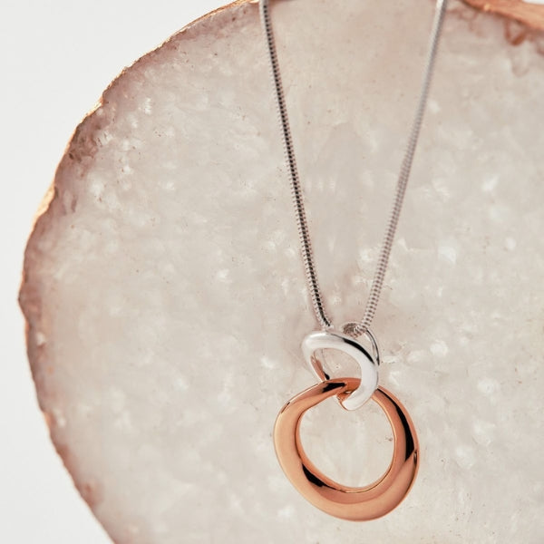 Najo - Tranquila double circle drop necklace in silver and rose gold plate - 45cm