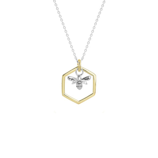 Evolve honey bee necklace in sterling silver and gold plate with fine chain - 45cm