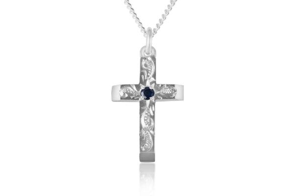 Engraved cross pendant with sapphire in sterling silver on curb chain - 45cm