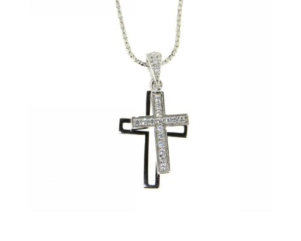 Ellani double cross CZ pendant in sterling silver with curb chain - 45cm