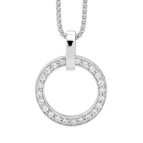 Ellani open circle CZ pendant in sterling silver with curb chain - 45cm