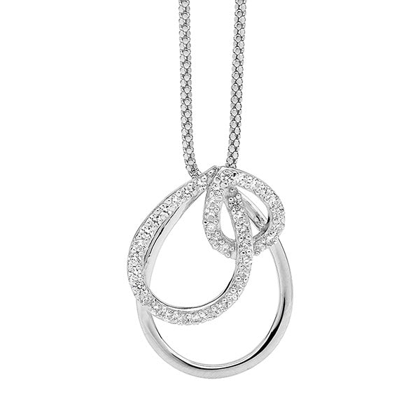 Ellani triple loop CZ pendant in sterling silver on curb chain - 45cm