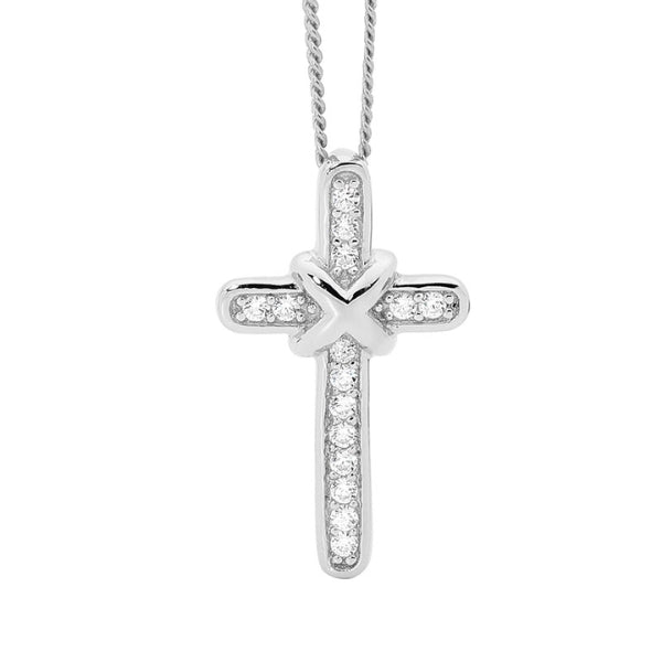 Ellani CZ cross pendant in sterling silver with cable chain - 45cm