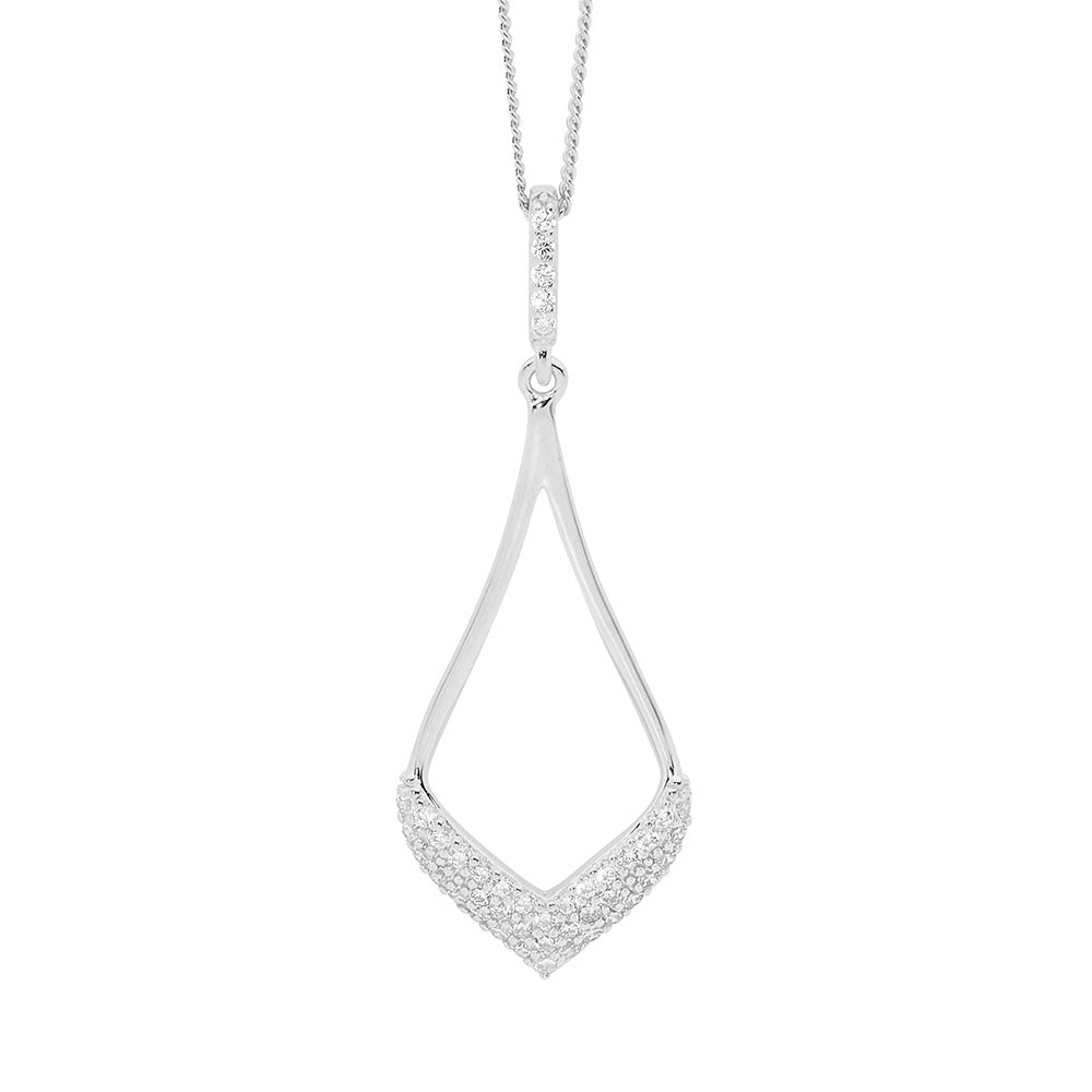 Ellani CZ teardrop pendant in sterling silver with curb chain - 45cm