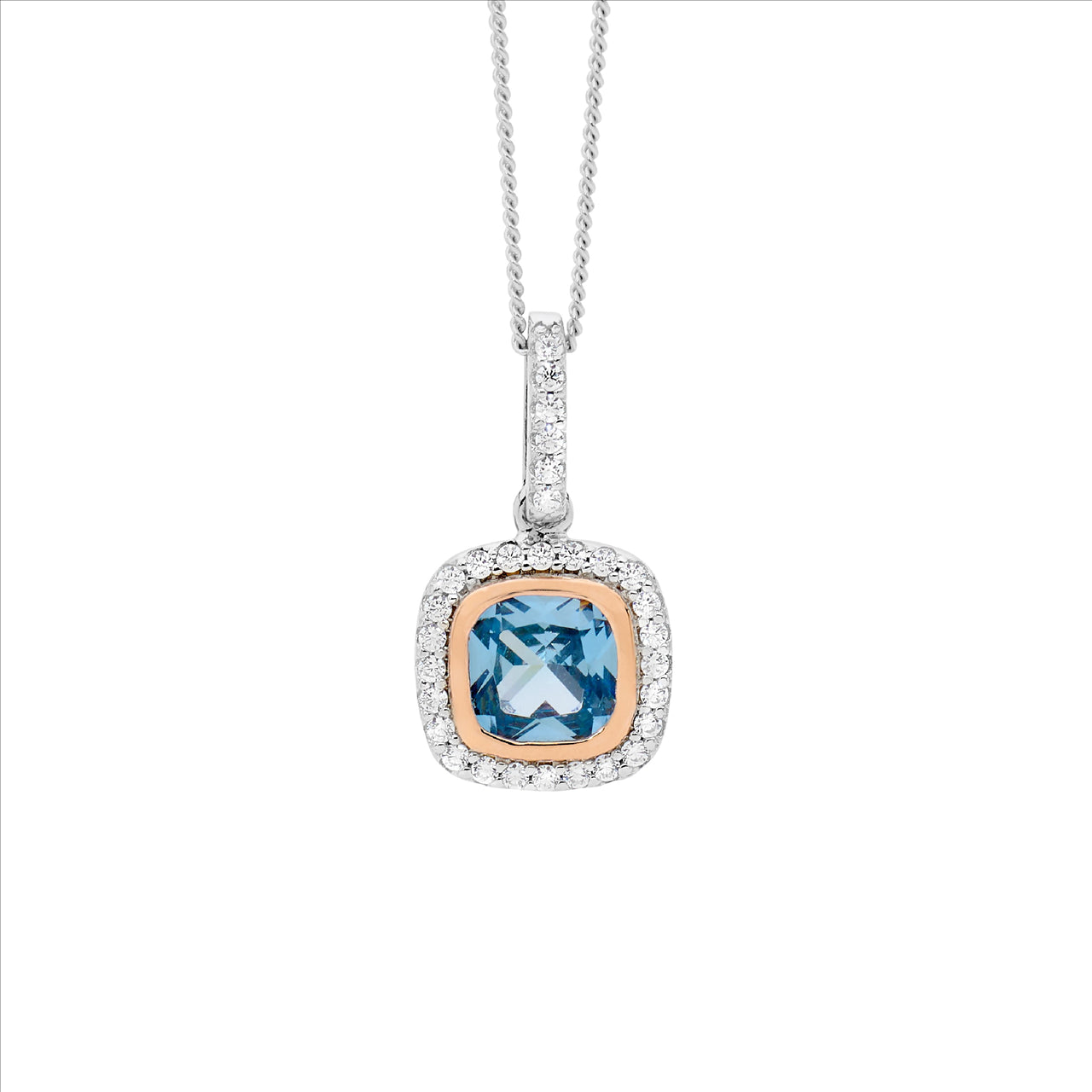 Blue spinel and CZ halo pendant in sterling silver and rose gold plate with curb chain - 45cm
