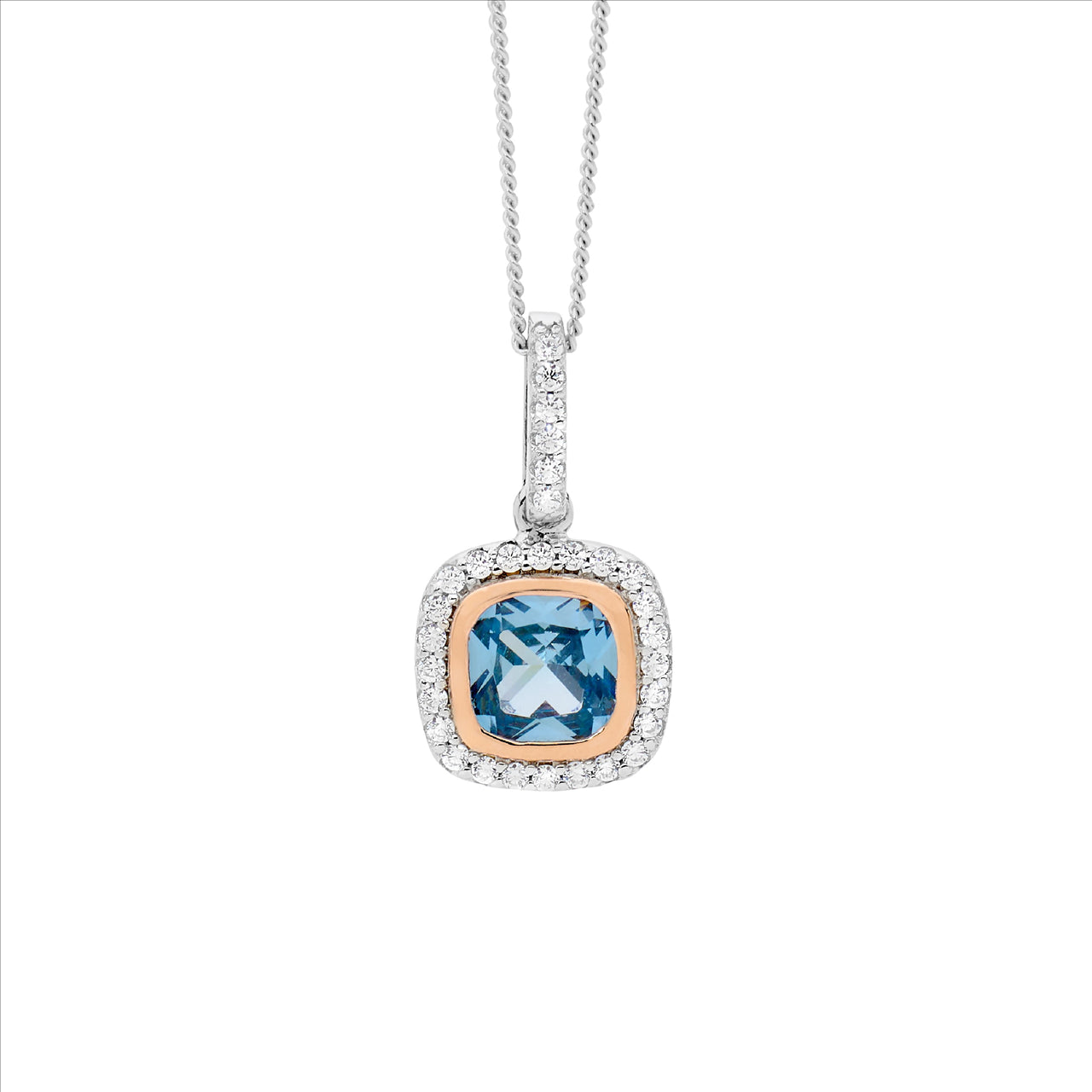 Ellani blue spinel and CZ halo pendant in sterling silver and rose gold plate with curb chain - 45cm