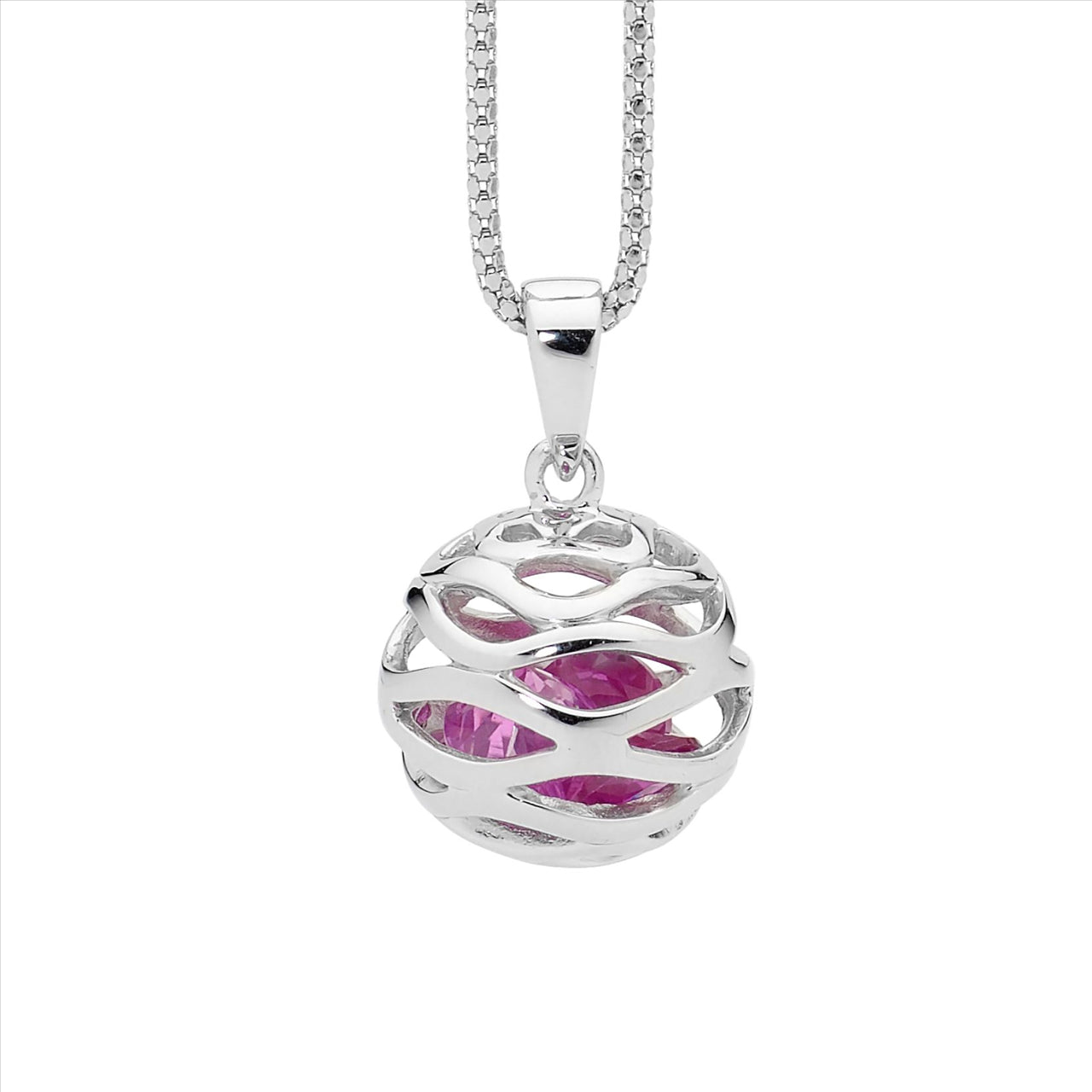 Ellani wave ball pendant with rose CZ in sterling silver with curb chain - 45cm