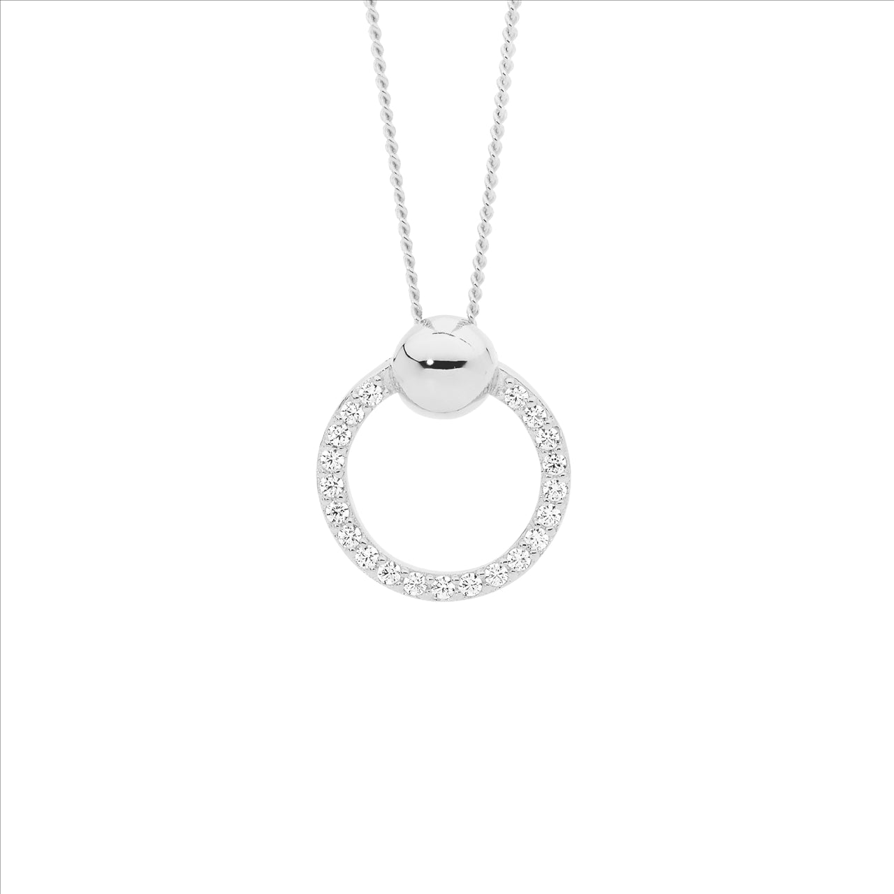 Open circle pendant in sterling silver with diamond cut curb chain - 45cm