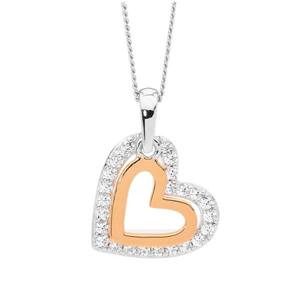 Ellani double heart CZ necklace in sterling silver and rose gold plate with chain - 45cm