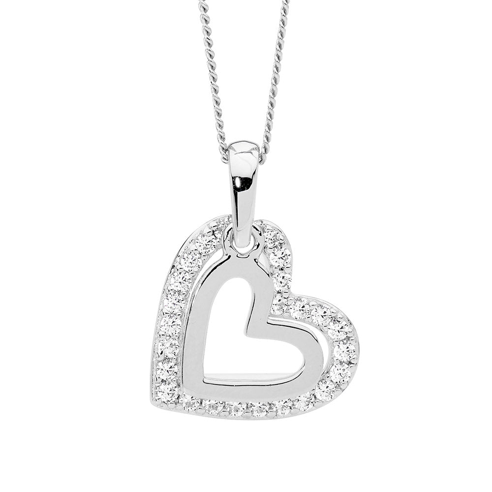 Ellani double heart CZ necklace in sterling silver