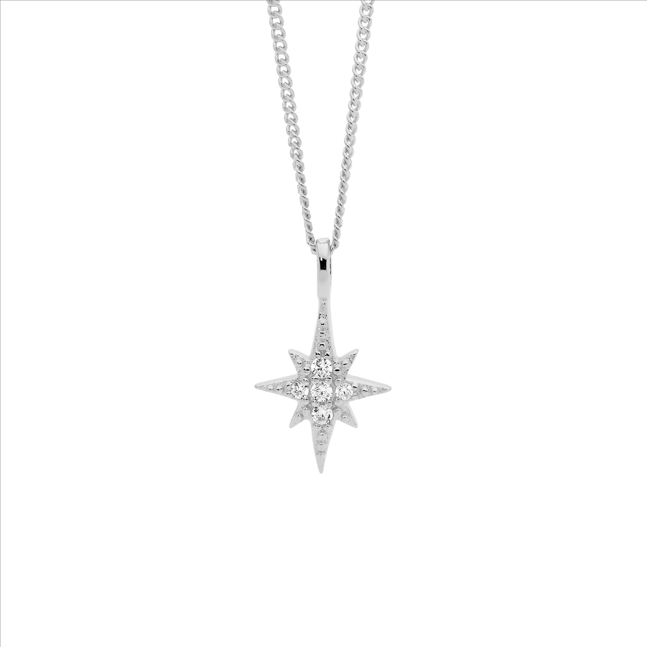 Sparkling CZ star necklace in sterling silver with diamond cut curb chain - 45cm