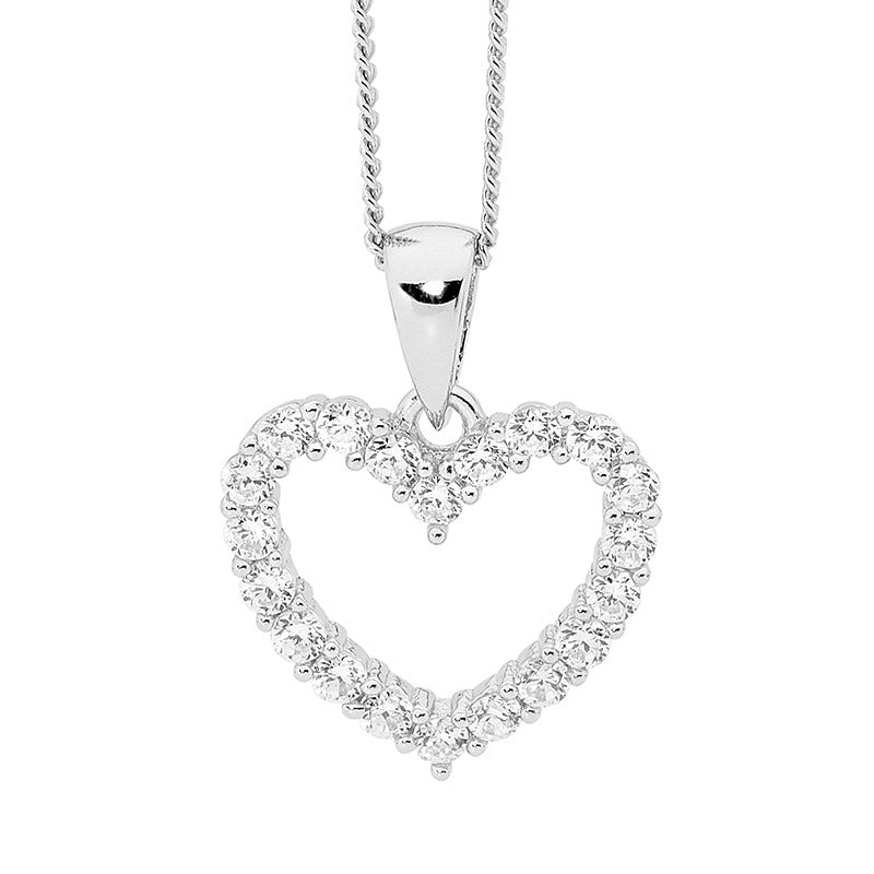 Ellani CZ open heart pendant in sterling silver with curb chain - 45cm