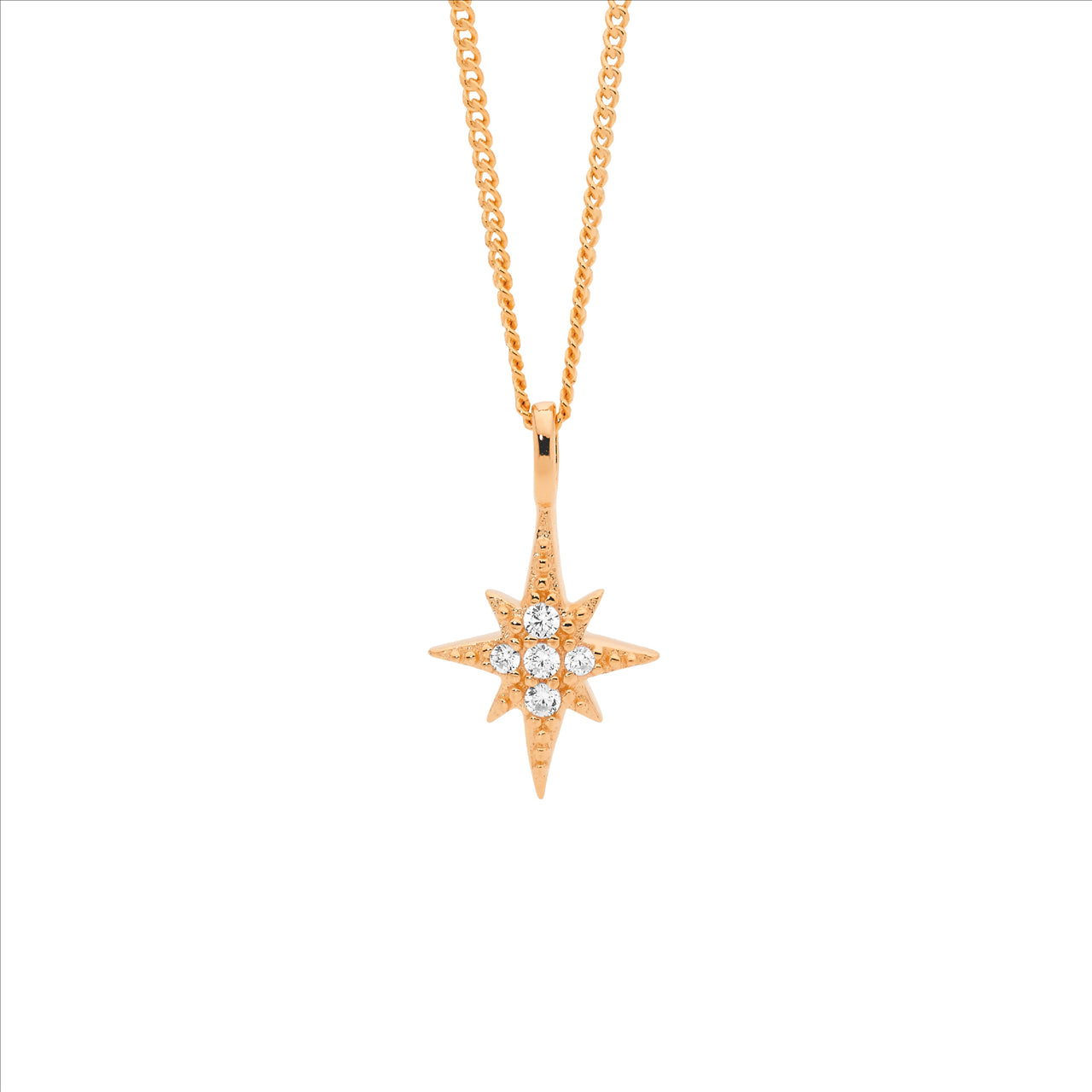 Ellani sparkling star CZ necklace in rose gold plated sterling silver with curb chain - 45cm