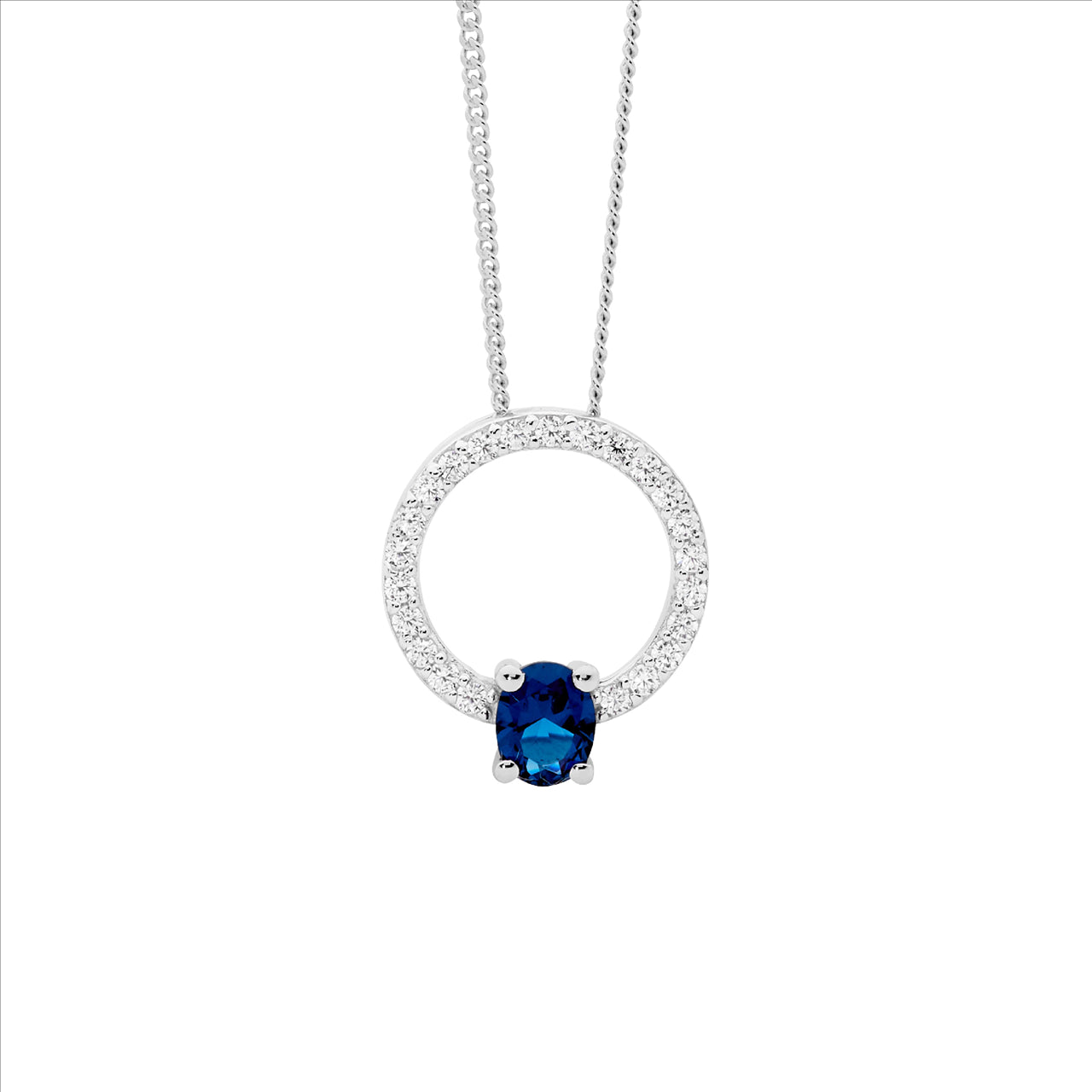 Ellani blue and white CZ open circle necklace in sterling silver with curb chain - 45cm