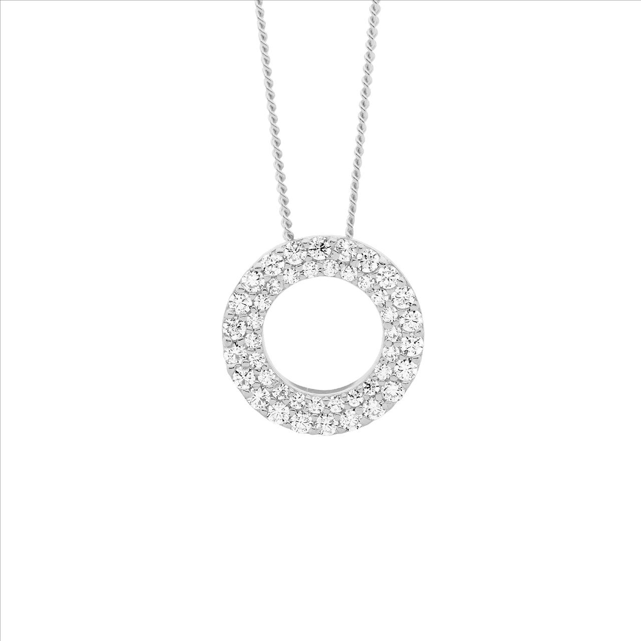 Double row CZ circle necklace in sterling silver with curb chain - 45cm