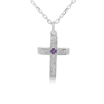 Cross pendant with amethyst in sterling silver with cable chain - 45cm