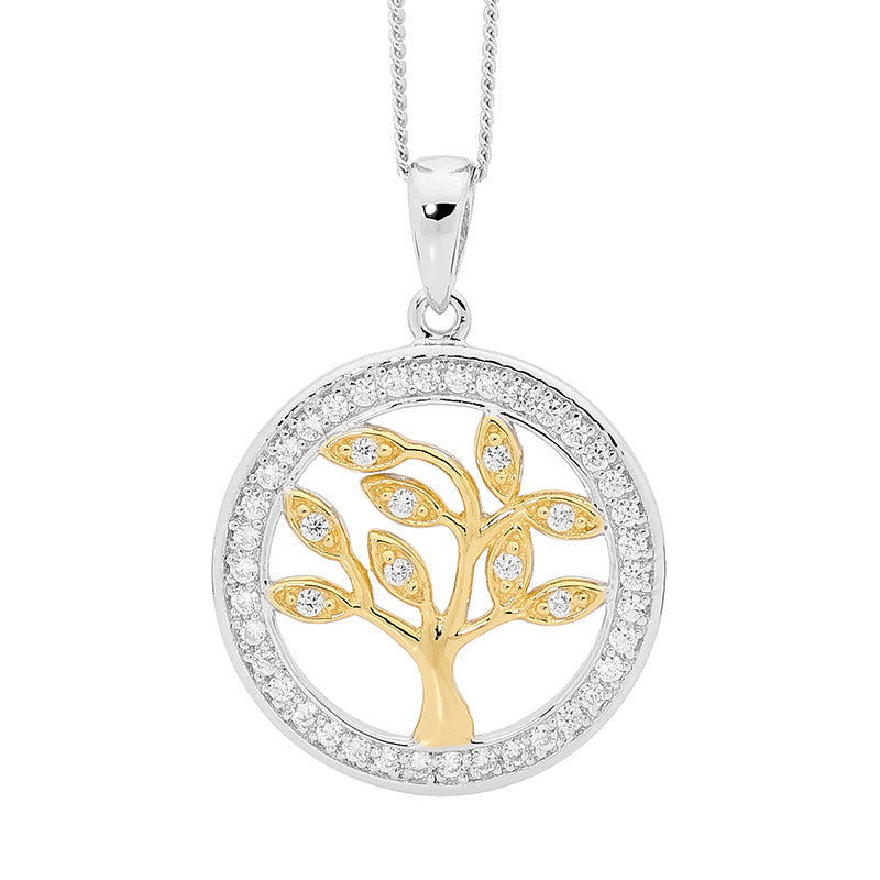 Tree of life CZ necklace in gold plate and sterling silver with curb chain - 45cm