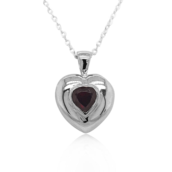Garnet heart pendant in sterling silver with chain - 45cm