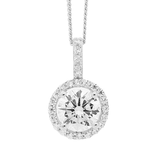 Ellani CZ cluster pendant in sterling silver with curb chain - 45cm