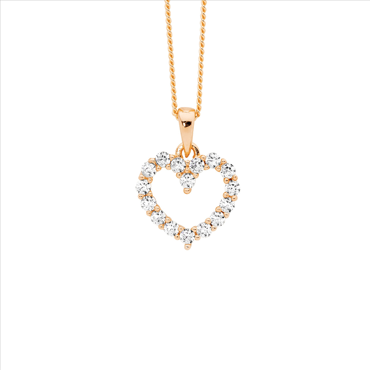 Open heart CZ pendant in rose gold plated sterling silver with curb chain - 45cm
