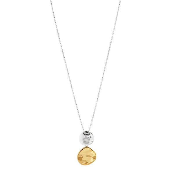 Najo - Shard beaten double disc pendant in sterling silver and gold plate on box chain - 42cm
