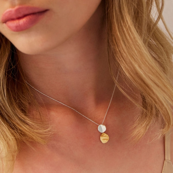 Najo - Shard beaten double disc pendant in sterling silver and gold plate on box chain - 42cm