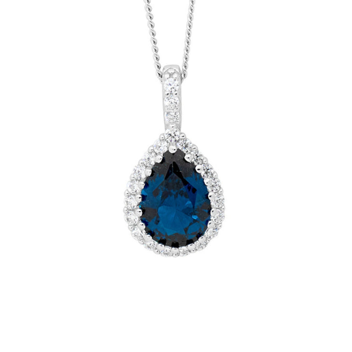 Ellani london blue topaz and cz pear pendant in sterling silver on curb chain - 45cm