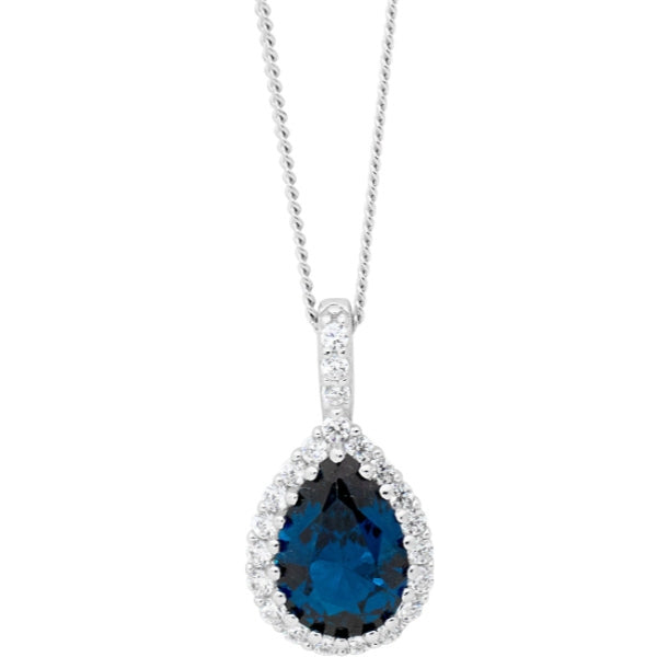 Ellani London blue topaz and CZ pear pendant in sterling silver on curb chain - 45cm