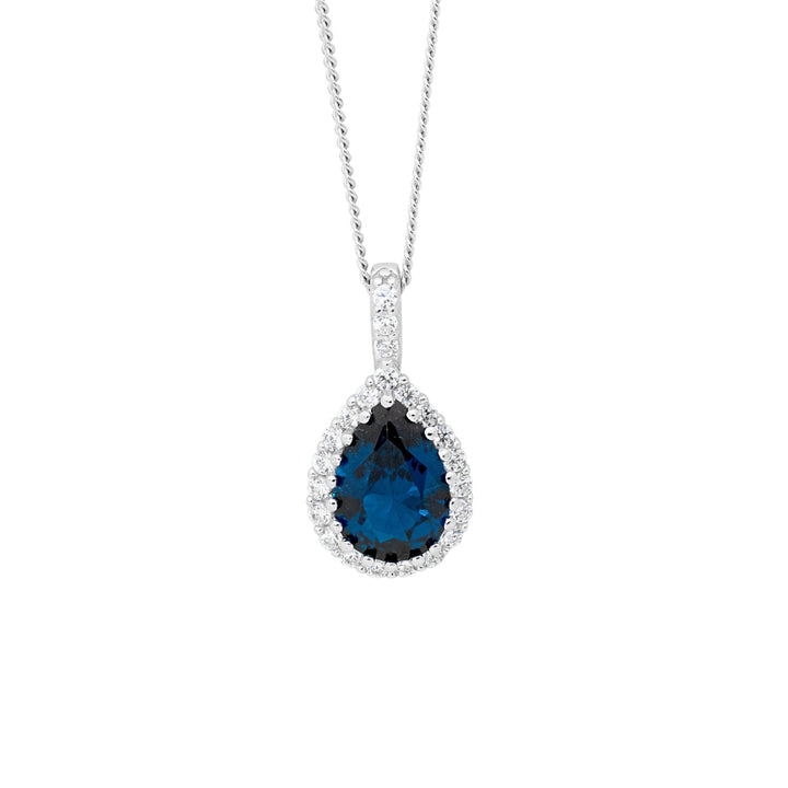 Ellani london blue topaz and cz pear pendant in sterling silver on curb chain - 45cm