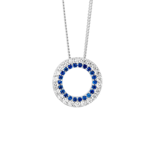 Ellani blue and white open circle pendant in sterling silver with curb chain - 45cm