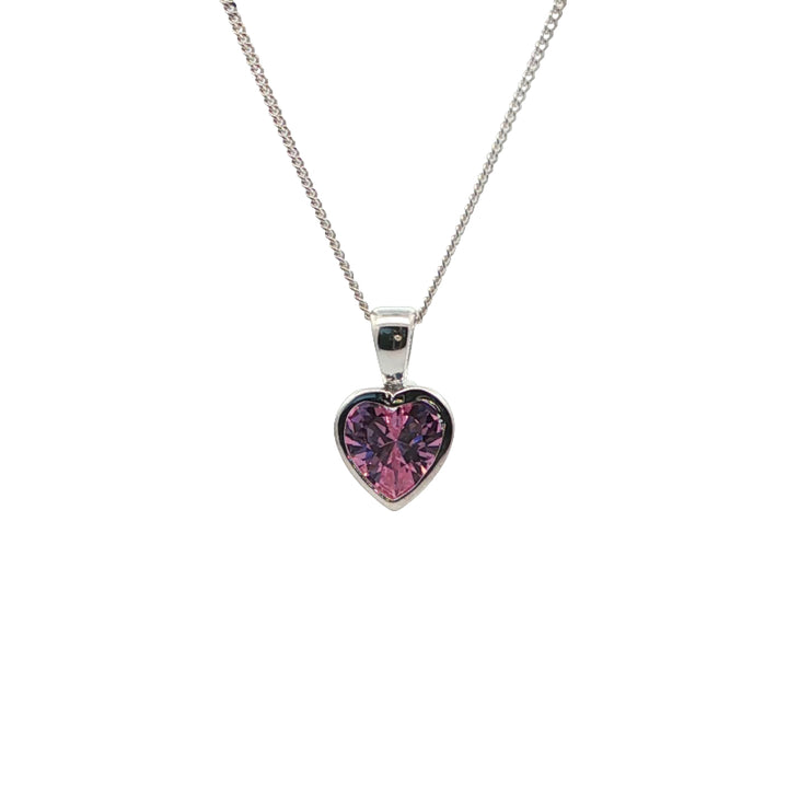 Pink CZ heart necklace in sterling silver with curb chain - 45cm