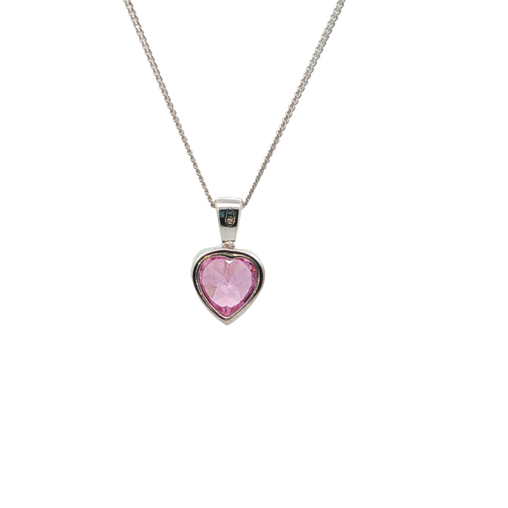 Pink CZ heart necklace in sterling silver with curb chain - 45cm