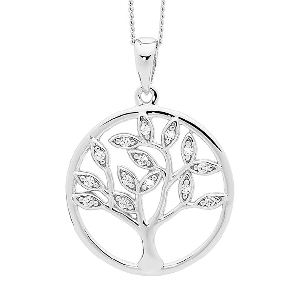 CZ tree of life pendant in sterling silver with cable chain - 45cm