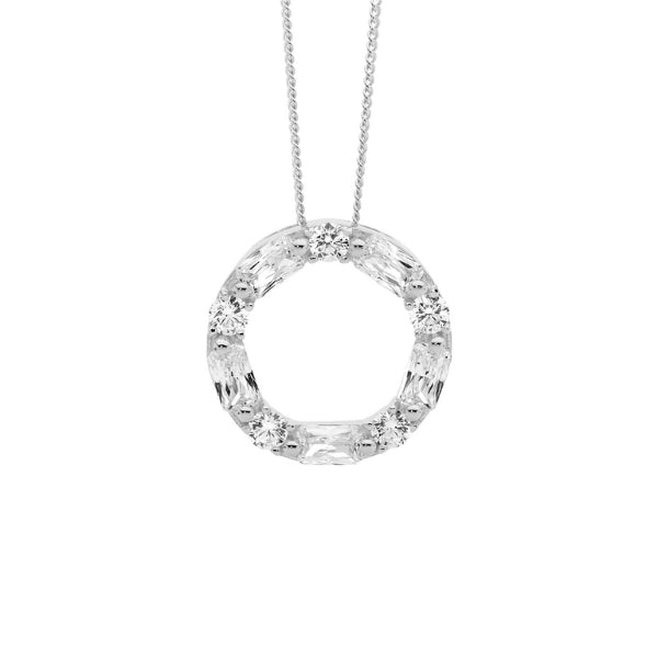 Ellani baguette circle CZ pendant in sterling silver with curb chain - 45cm