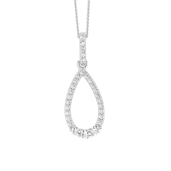 Ellani CZ teardrop pendant in sterling silver with curb chain - 45cm