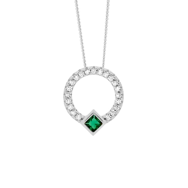 Ellani silver CZ Circle necklace with green centre CZ - 45cm