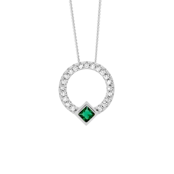 Silver CZ Circle necklace with green centre CZ