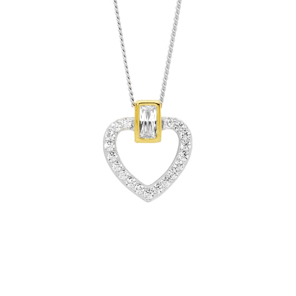 Ellani CZ open heart necklace in in gold plate and sterling silver with curb chain - 45cm