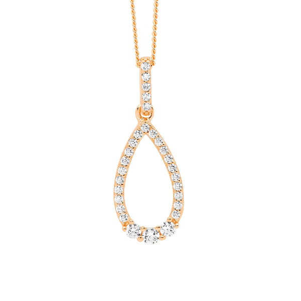 CZ teardrop necklace in rose gold plated sterling silver with chain - 44cm