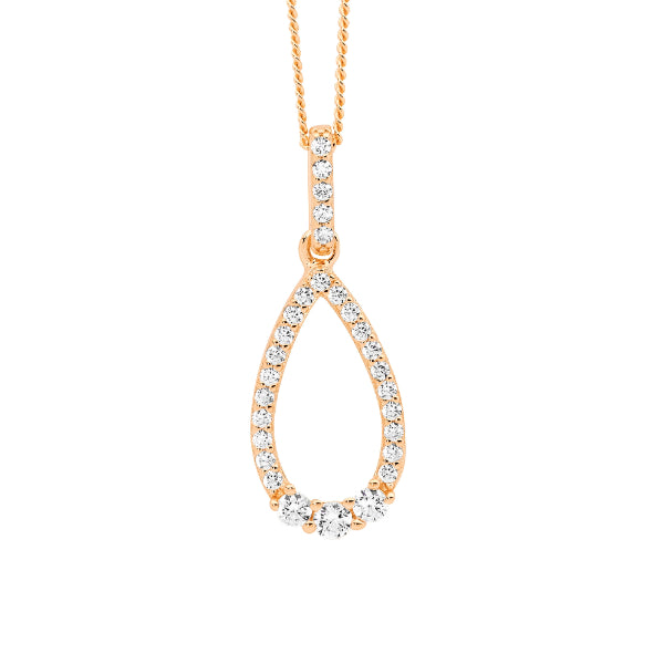 Ellani CZ teardrop necklace in rose gold plated sterling silver with chain - 44cm