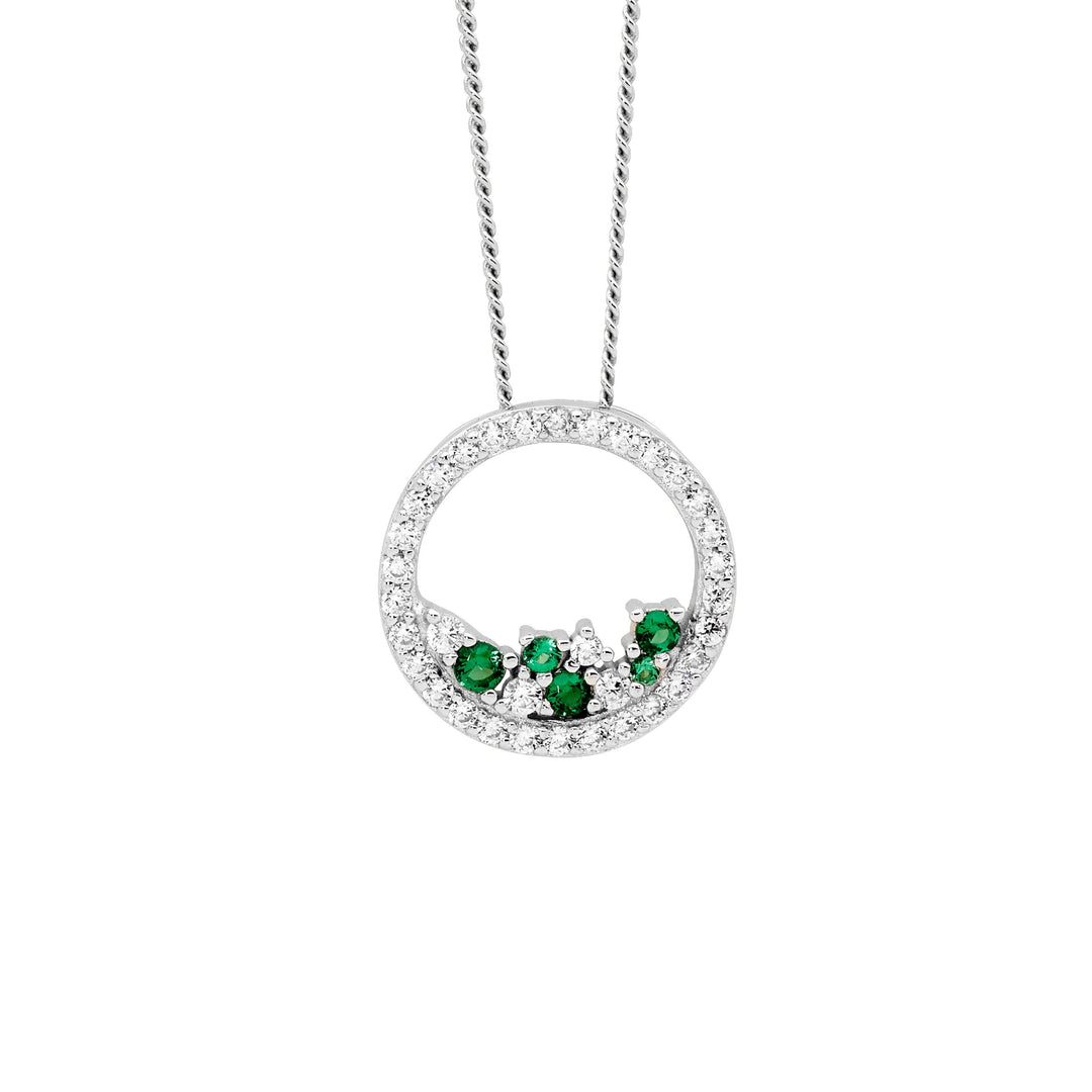 Ellani silver cubic zirconia circle with scattered green & white cubic zirconia on 44cm curb chain