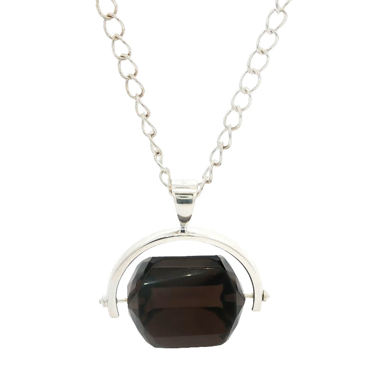 Smokey quartz spinner pendant on open link curb chain in sterling silver - 60cm