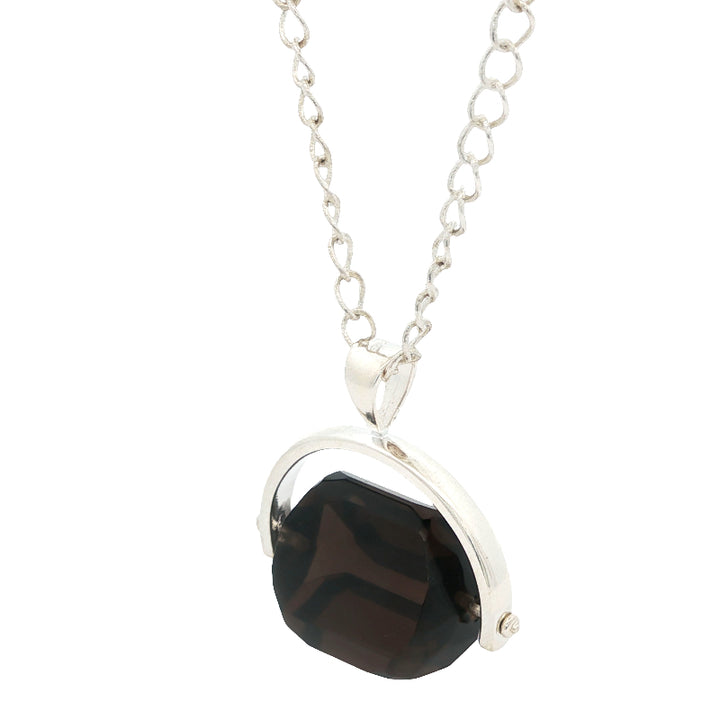 Smokey quartz spinner pendant on open link curb chain in sterling silver - 60cm