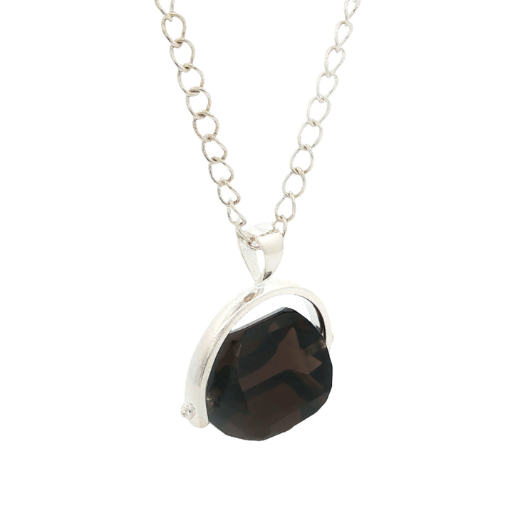 Smokey quartz spinner pendant on open link curb chain in sterling silver - 60cm