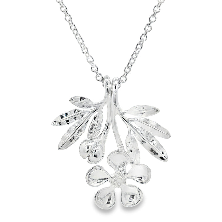 Evolve - two manuka flower pendants on 55cm cable chain in sterling silver