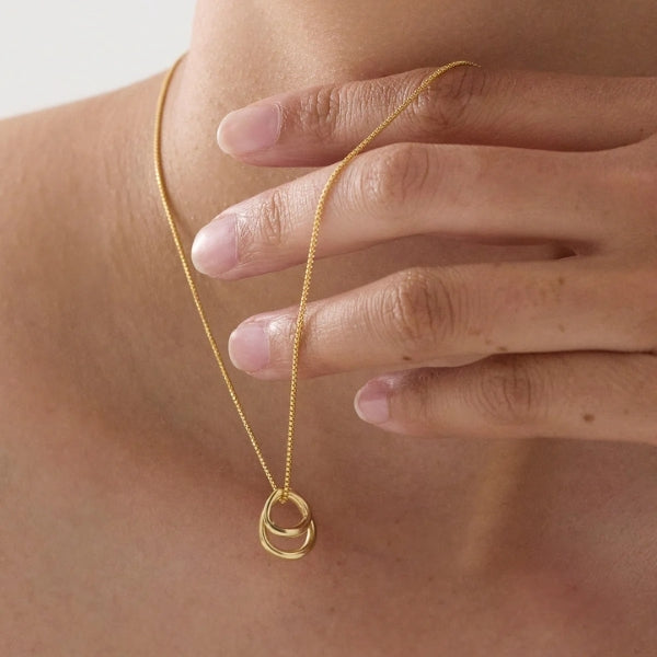 Najo - Whisper necklace, 2 irregular rings on box chain in gold plated sterling silver - 45cm + 5cm extension