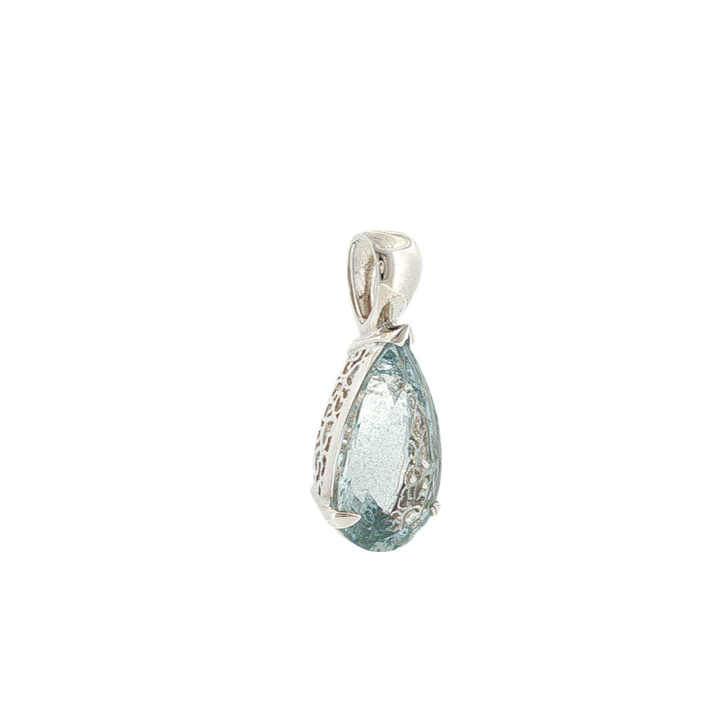 Teardrop auquamarine drop pendant in openwork sterling silver setting